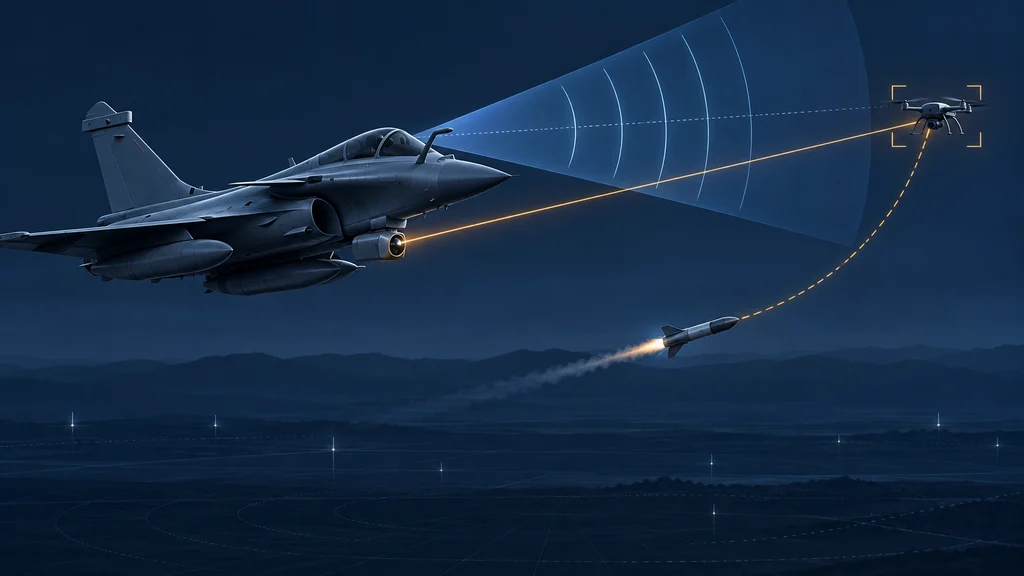 Rafaleのレーダー探知からレーザー照準、誘導ロケットまでを示す対ドローン統合試験の技術イラスト
