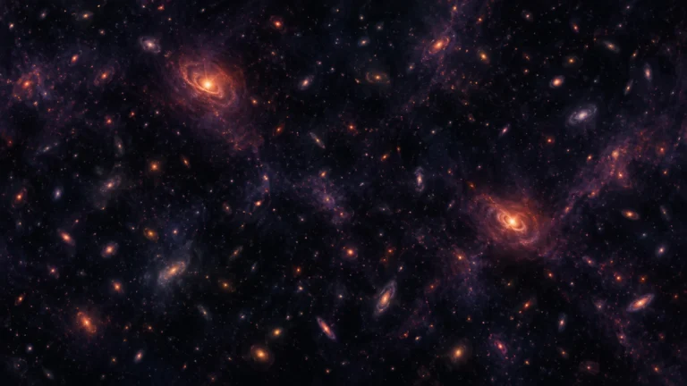 初期宇宙の暗い銀河群の中で、赤外線観測によって見いだされた2つの明るいクエーサーを描いた編集イラスト