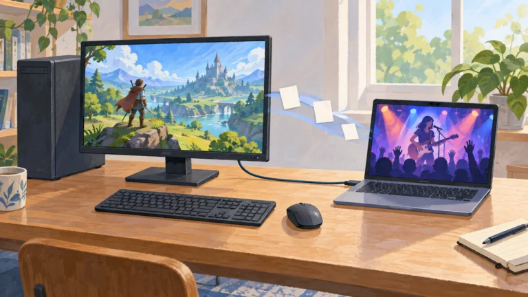 Thunderboltケーブル1本で接続されたデスクトップPCとノートPC