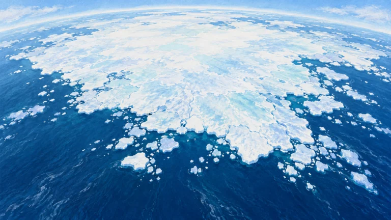 衛星観測の対象となる北極海の海氷と、外洋に接する海氷縁の広がりを描いた編集イラスト