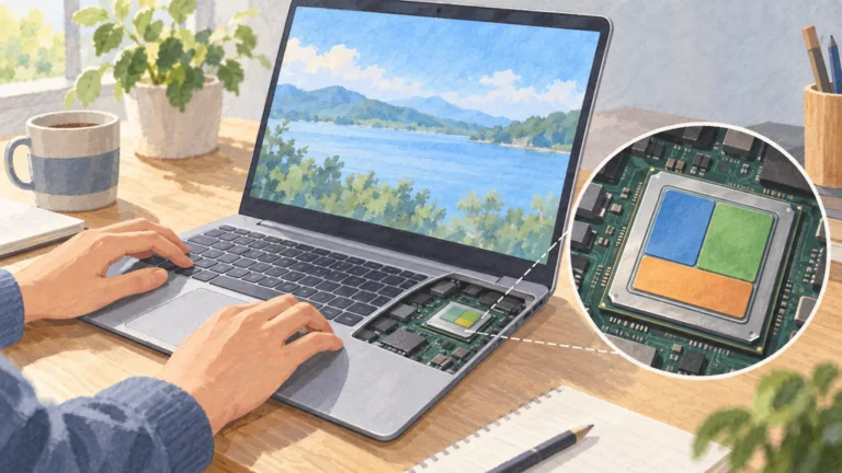 Intel Core Ultra Series 3を搭載したノートPCと、CPU・GPU・NPUを統合したプロセッサーの図解