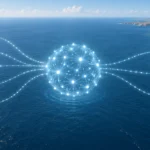 大西洋上のMARSUR情報共有網を表す抽象図。複数の情報源が共有ネットワークにつながり、各国などへ情報を配信する。