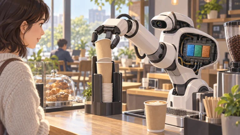 カフェで紙カップを扱うロボットアームと、胴体内の統合チップ