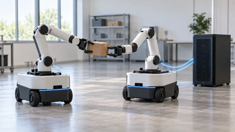2台の移動ロボットが外部GPU計算機と接続し、アーム間で箱を受け渡す様子