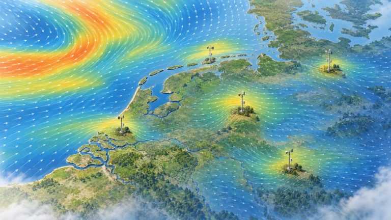 地上観測地点周辺で風速場が補正される欧州の気象予測図