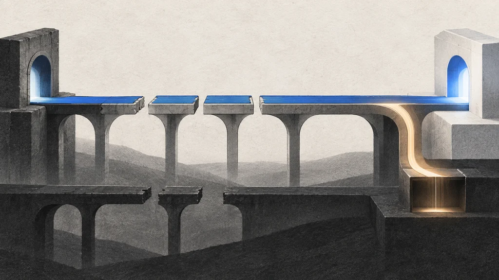 不足機能を補う橋で古いブラウザーの経路がつながり、完成後に監視経路だけが分岐する編集イラスト