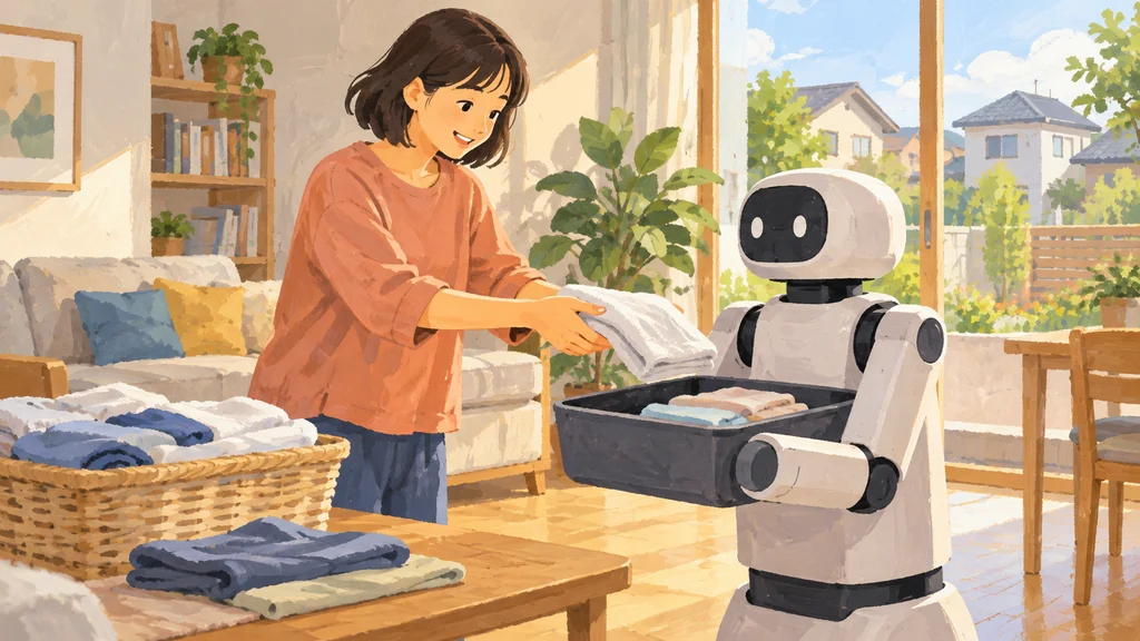 住民が洗濯物を家庭用ロボットに渡し、家庭内で作業を試す様子を描いた編集イラスト