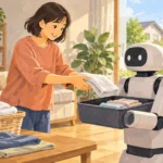 住民が洗濯物を家庭用ロボットに渡し、家庭内で作業を試す様子を描いた編集イラスト
