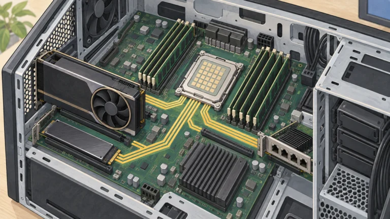 ワークステーション内部のCPUを中心に、メモリーとGPU・SSD・ネットワークカードへ伸びる接続経路を描いた図