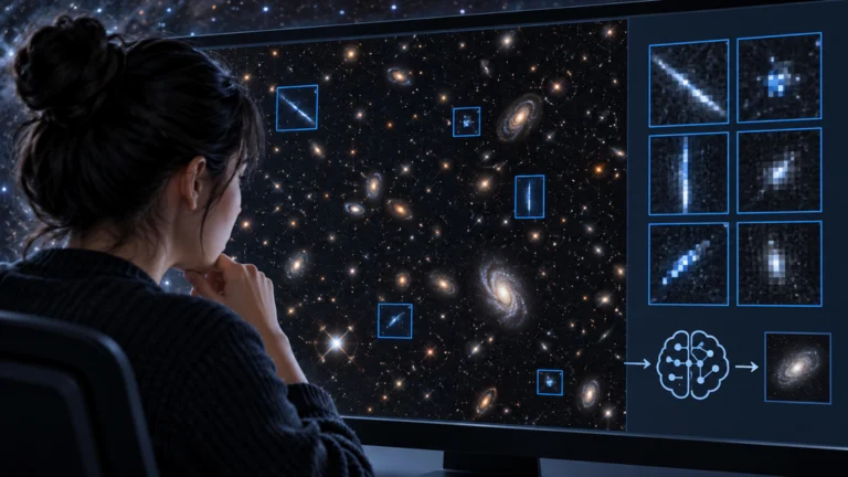 宇宙望遠鏡の画像上で青く示された誤信号候補を確認する市民研究者のAI生成画像