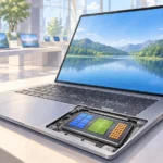 展示されたノートPCの内部に、CPU・グラフィックス・NPUを備えるプロセッサの概念構成を示した編集イラスト