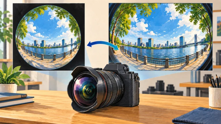 魚眼ズームレンズと、円形に写る像および画面全体に広がる像の違いを描いたイラスト