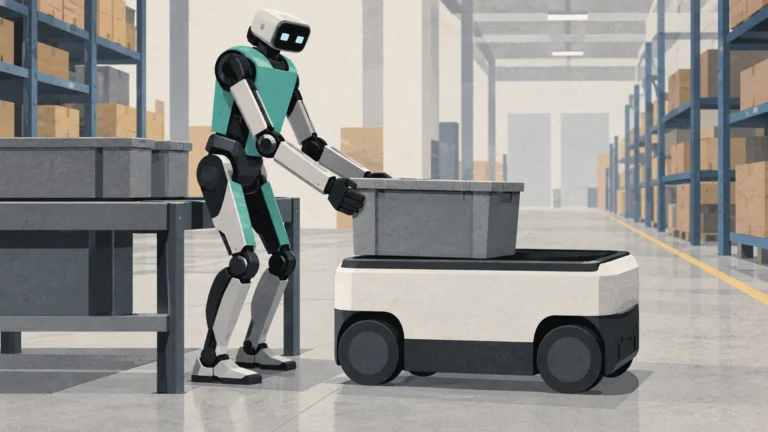 物流施設で人型ロボットDigitがトートを自律搬送ロボット（AMR）へ引き渡す場面