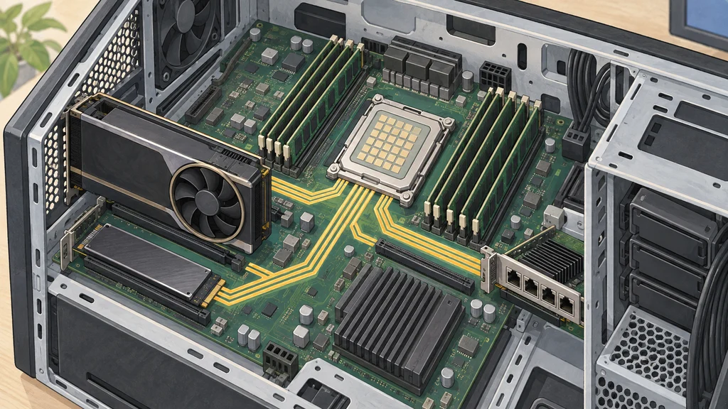 ワークステーション内部のCPUを中心に、メモリーとGPU・SSD・ネットワークカードへ伸びる接続経路を描いた図
