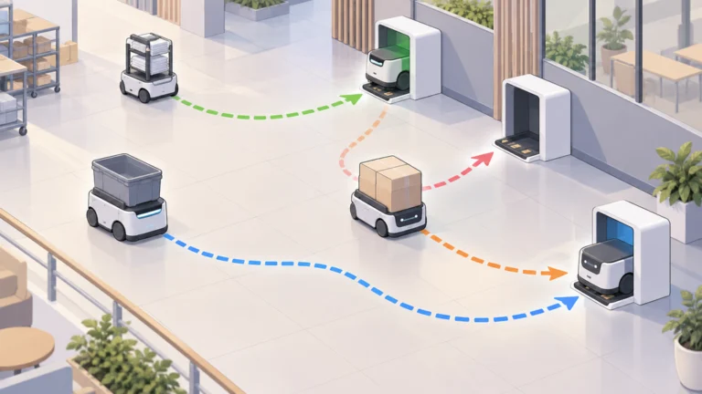 複数の移動ロボットが共有充電ステーションへ向かう経路を描いた編集イラスト。