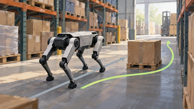 倉庫の通路で箱を避ける補正経路を進む四足歩行ロボットの編集イラスト