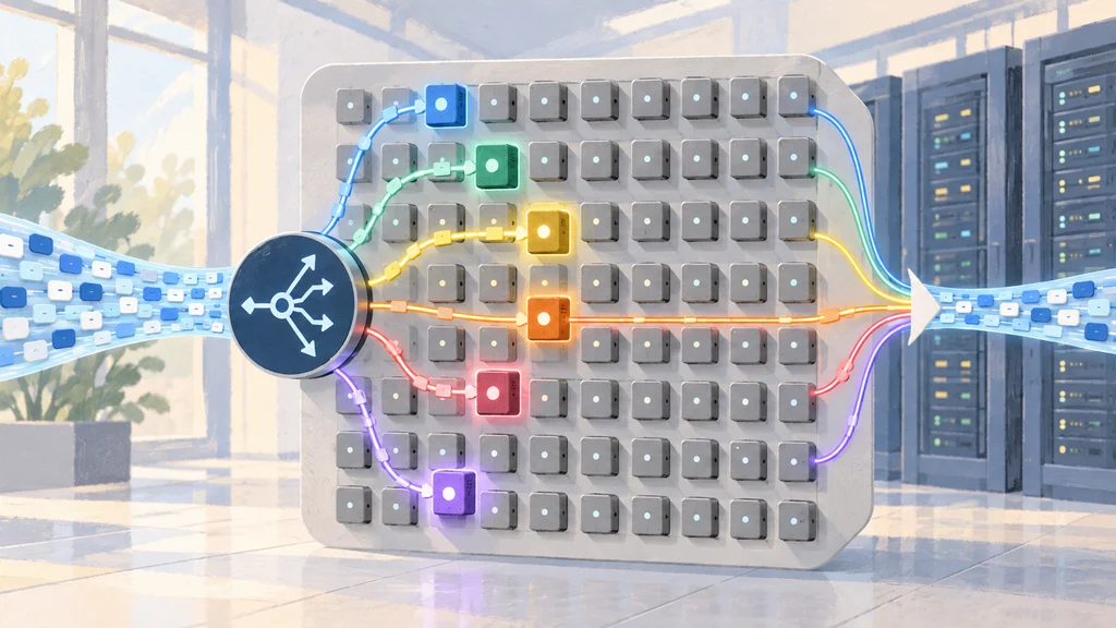 入力データをルーターがExpertへ振り分け、選択された6つの処理経路が出力へ合流する様子。