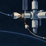 宇宙ステーションに接近する有人輸送カプセルと、ドッキング中の緊急帰還経路を示す概念図
