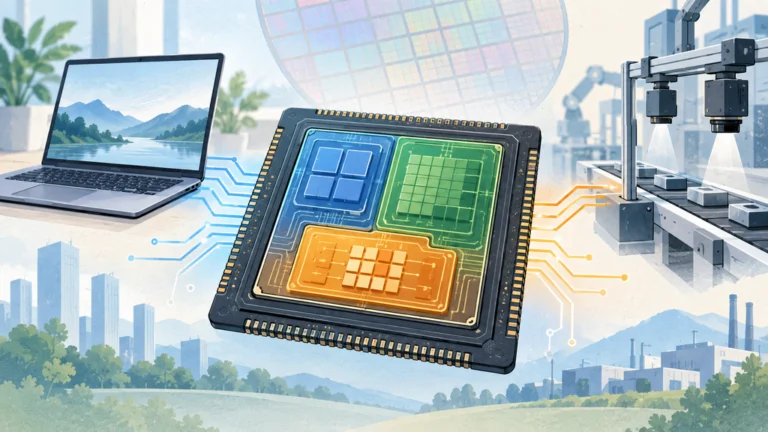 CPU、内蔵GPU、NPUを統合したSoCを中心に、ノートPCと産業用エッジ機器を描いた編集イラスト