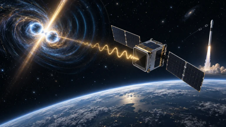 中性子星合体からのガンマ線バーストを観測する小型衛星と地球、背景に打ち上げロケット