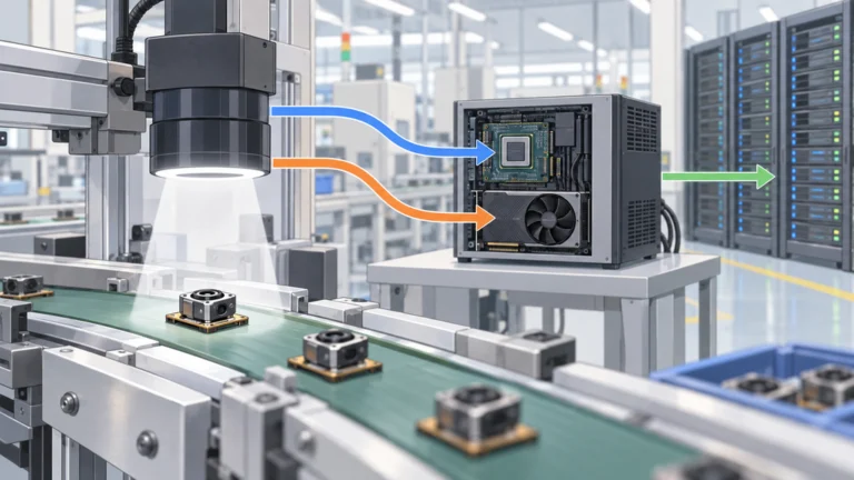 カメラモジュールの生産ラインで、検査画像を内蔵GPUと単体GPUに振り分け、データをサーバーへ送る構成