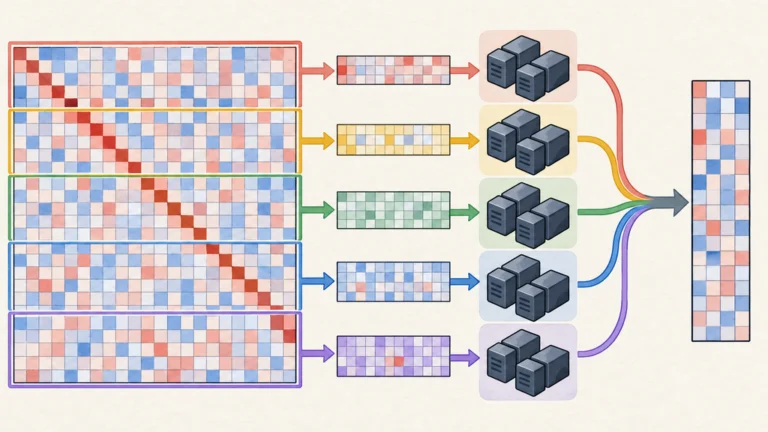 相関行列を行ごとにGPU群へ分散し、因子表現にまとめる処理を描いた図解。