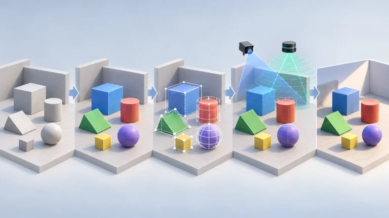 Blenderの3Dシーンに意味・物理属性とカメラ／ライダー設定を加え、OpenUSDでシミュレーション向けに整える工程の編集イラスト。
