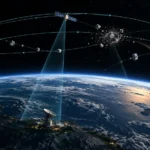 地球低軌道を周回する人工衛星とデブリを複数の観測拠点が追跡し、再突入物体と分裂事象を監視するイラスト
