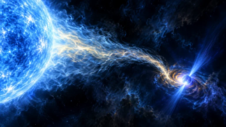 巨星から流出した恒星風がパルサーへ流入しX線フレアを駆動する様子