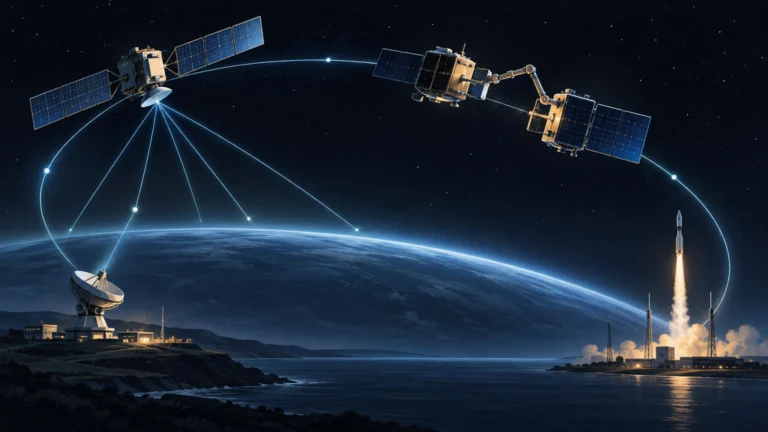 衛星通信、軌道監視、軌道上サービス、打ち上げ施設を結ぶ統合宇宙インフラのイラスト