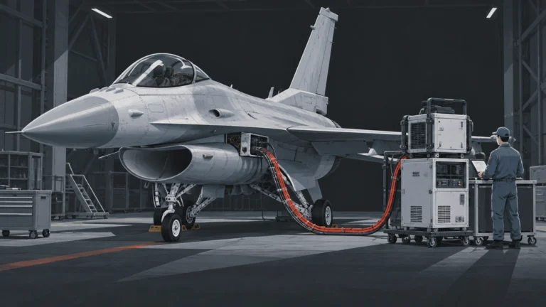 格納庫内のF-16試験機と既存の飛行制御系へ接続する自律操縦キットを描いた技術イラスト