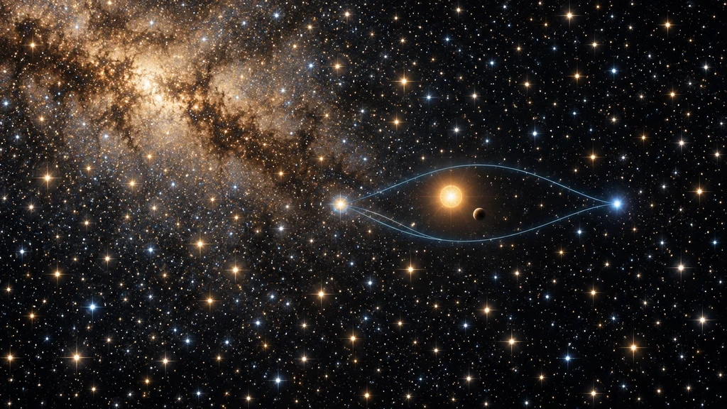銀河中心の密集した星々と、惑星を伴う手前の星が背景星の光を曲げる重力マイクロレンズの概念図