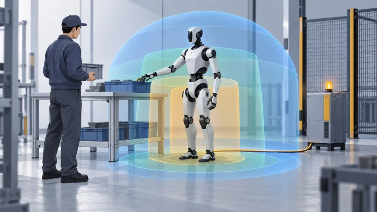 人の近くで作業する人型ロボットを複層の検知領域と独立安全制御ユニットが囲む編集イラスト