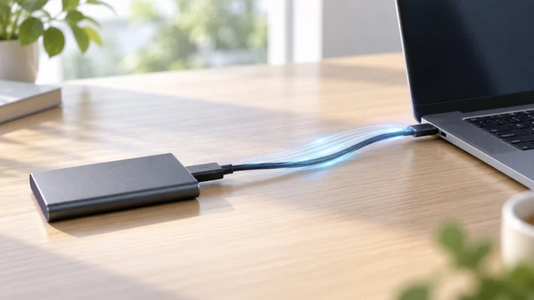 USB4ケーブルでノート型コンピューターに接続した携帯SSDのイラスト