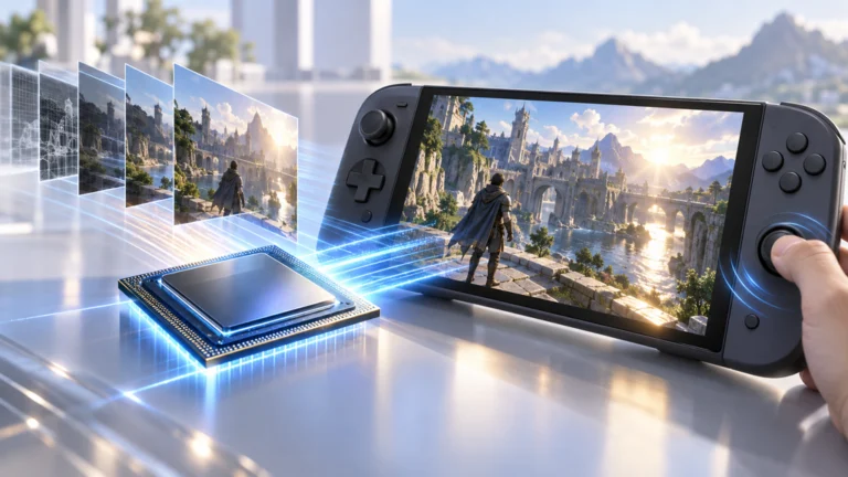 Xe3 GPUを示すプロセッサと携帯ゲーム機の画面を結び、レイトレーシングと複数フレーム生成を表現したイラスト