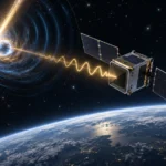 中性子星合体からのガンマ線バーストを観測する小型衛星と地球、背景に打ち上げロケット