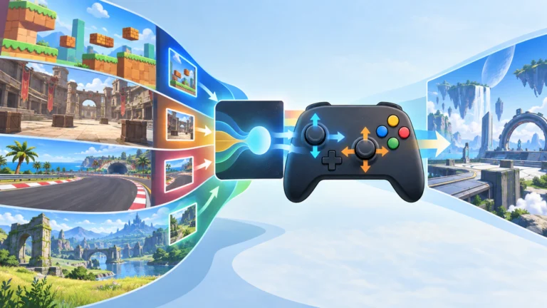 複数のゲーム画面から操作を学び、ゲームパッド操作へ変換するAIの概念図