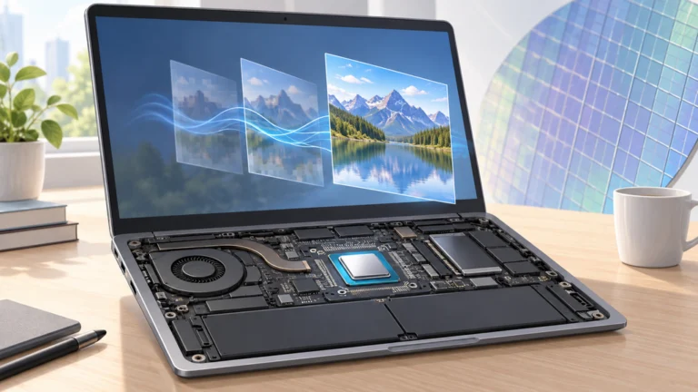 Intel 18A採用のモバイルCPUを載せたノートPCと、端末内AI処理のイメージ