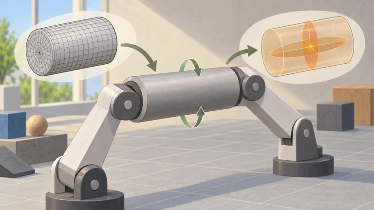 ロボットシミュレーション内の円柱リンクと、そのメッシュ形状に基づく慣性の可視化