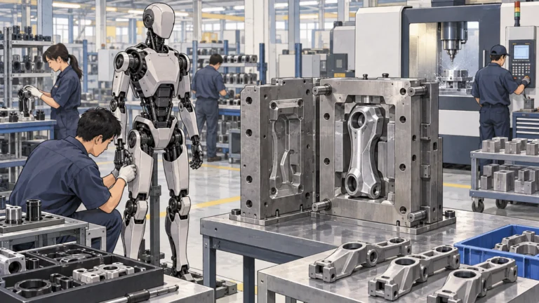 金型でロボット部品を成形する工程と、組み立て中の人型ロボット