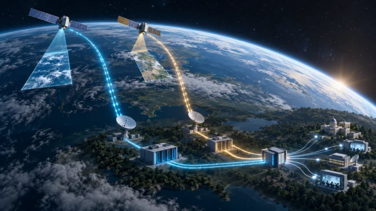 衛星観測から地上処理と情報配信までを結ぶ、二つの並行する地球観測サービス構成案を描いたイラスト