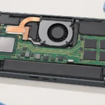 携帯ゲーム機の内部基板で、CPUを左端、複数のDRAMを反対側に配置し、中央に冷却機構と信号配線を示した技術イラスト