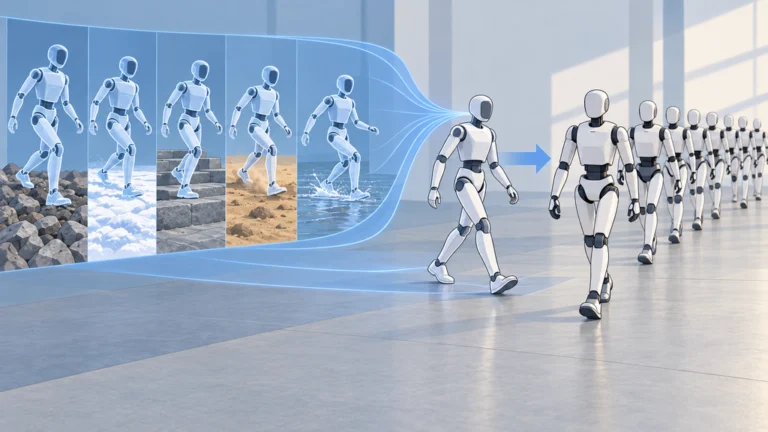 異なる地面条件で学習した歩行方策が、同じ制御で動く人型ロボット群へ移る様子