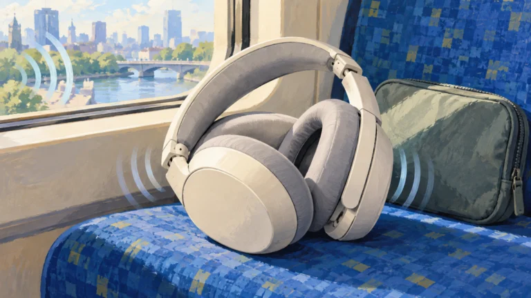 折りたたみヒンジを備えたワイヤレスヘッドホンを、通勤列車の座席と窓を背景に描いたイラスト