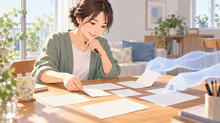 自宅のテーブルで紙を使う人と、AIとの協働を表す半透明の手