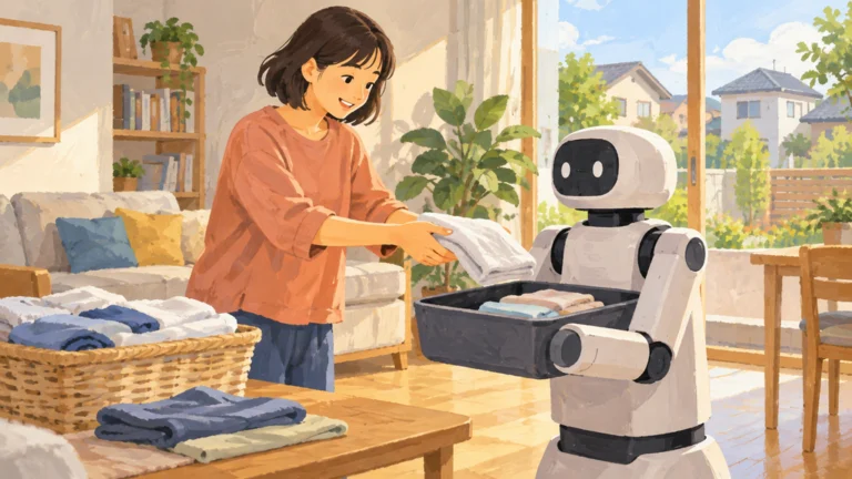 住民が洗濯物を家庭用ロボットに渡し、家庭内で作業を試す様子を描いた編集イラスト