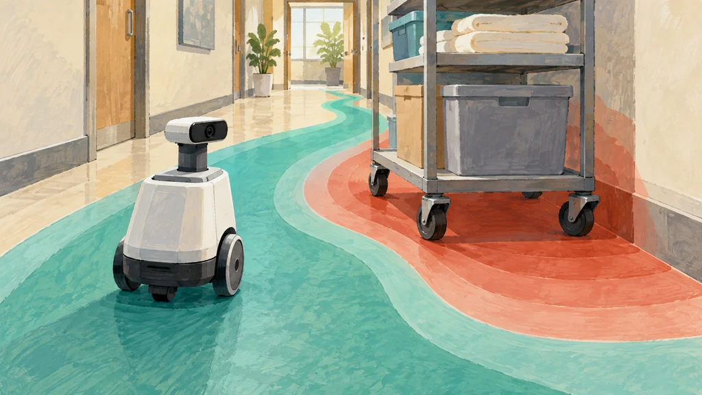 屋内ロボットが台車を避ける通行可能域と制約域を床面の色分けで示した編集イラスト