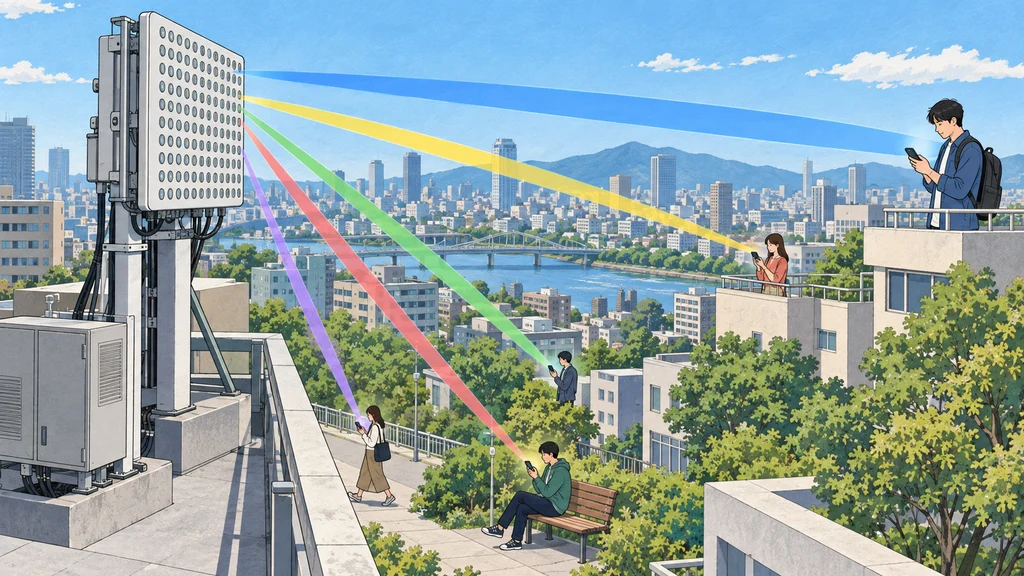 基地局アンテナから複数の利用者端末へ同時に向かう指向性ビームのイラスト