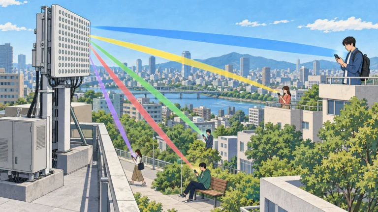 基地局アンテナから複数の利用者端末へ同時に向かう指向性ビームのイラスト