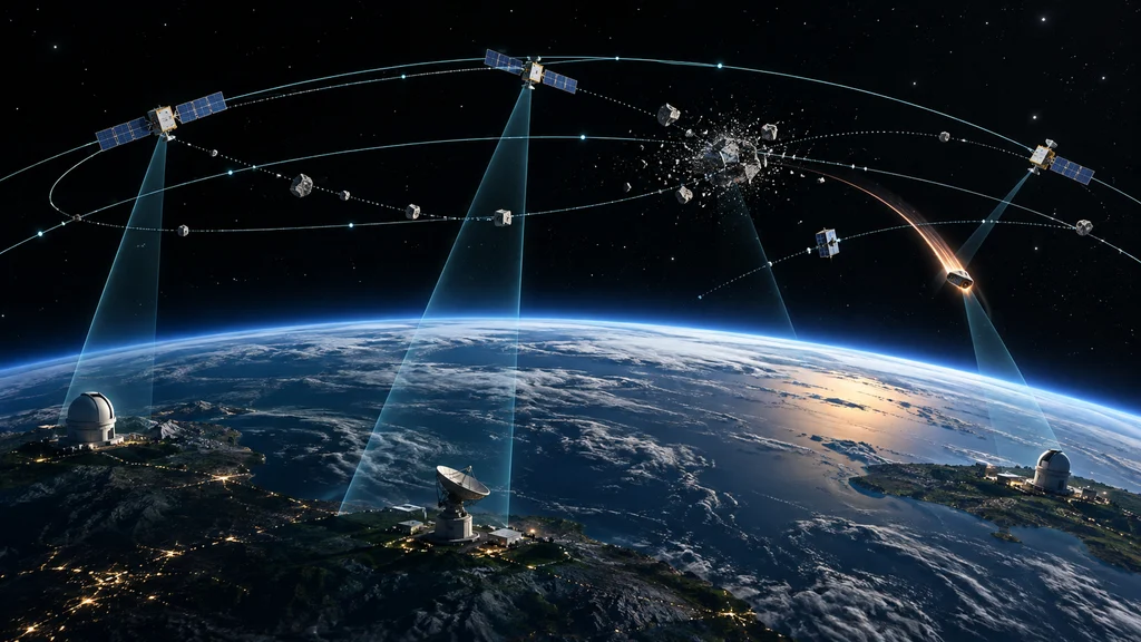 地球低軌道を周回する人工衛星とデブリを複数の観測拠点が追跡し、再突入物体と分裂事象を監視するイラスト